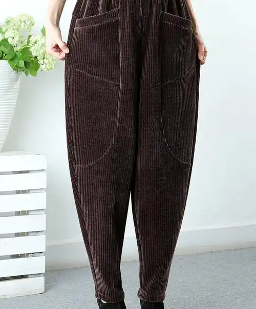 雪尼尔萝卜裤春秋冬哈伦裤女宽松高腰条绒女裤显瘦灯笼裤 黑色 l 100