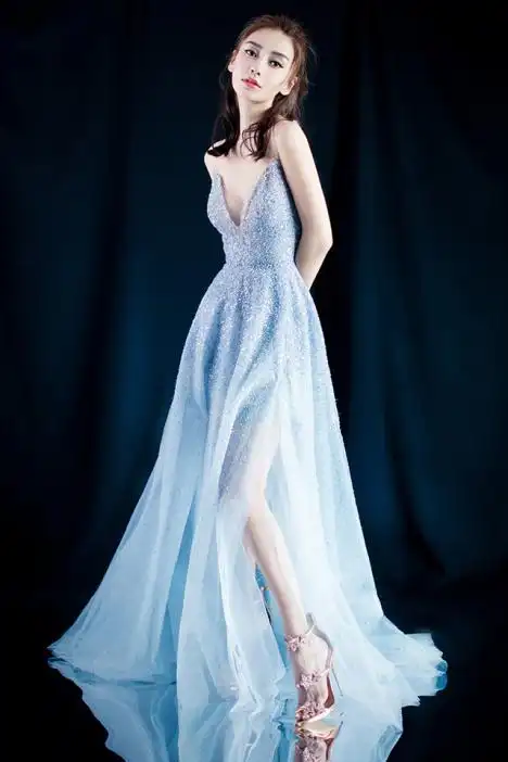 【名媛世家】baby杨颖同款高端名媛气质重工亮片晚礼服v领吊带仙女大