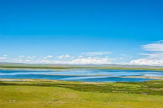 蓝天白云下的湖泊草原山脉风光,高原牧群,中国西藏