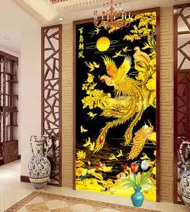 新款5d魔方圆钻石绣百鸟朝凤孔雀金色凤凰动物满钻客厅玄关十字绣