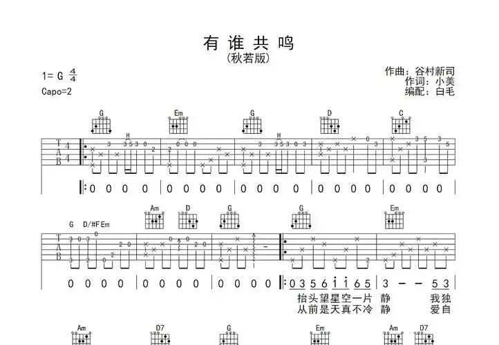 有谁共鸣吉他谱_秋若_g调弹唱76%翻唱版 - 吉他世界