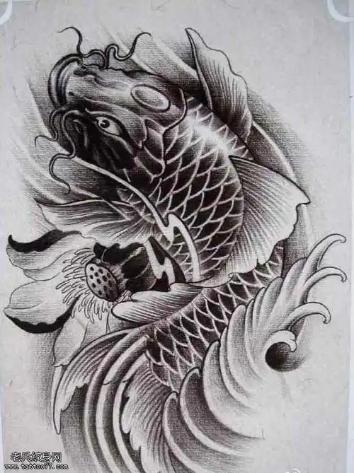 手稿莲花鲤鱼纹身图案