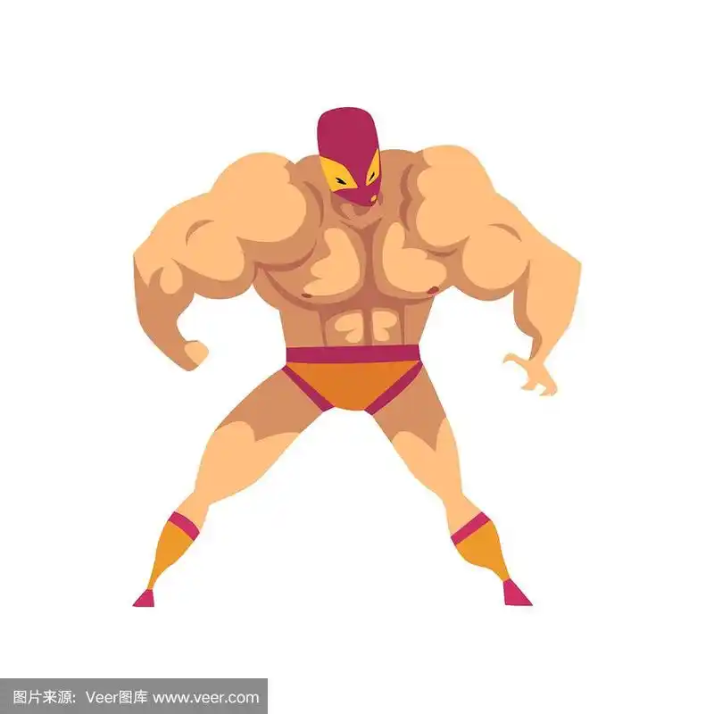 卡通强壮的摔跤手在强有力的姿势.