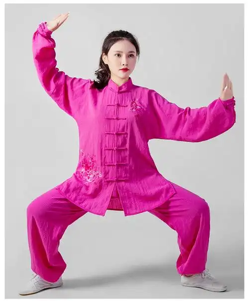 太极服棉麻女春秋季武术服团体表演服演出服亚麻棉太极拳练功服套装乳