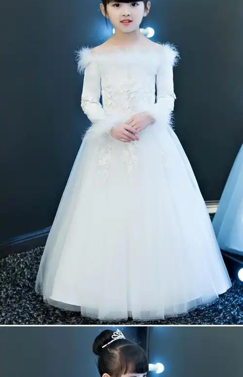 儿童礼服冬季长袖白色生日女童婚纱公主裙蓬蓬纱晚礼服钢琴演出服