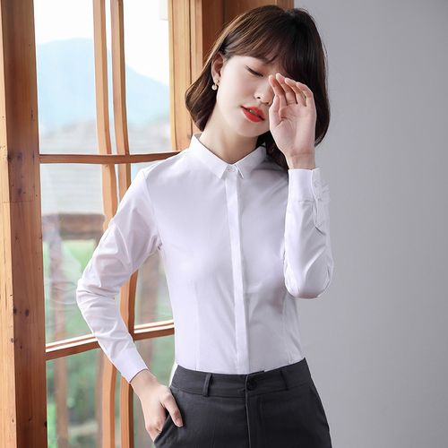 小领白色衬衫女长袖韩系职业装正装暗扣商务西装打底内搭衬衣上衣