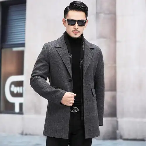 中老年羽绒服男士2021冬季中长款加厚羊毛呢子大衣可脱卸内胆外套