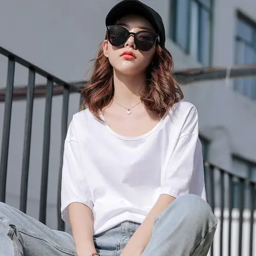 大领上衣女宽松_纯棉t恤女短袖2020春夏新款学生半袖上衣白色韩版宽松