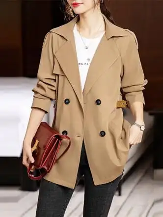 北极绒新款短外套女2024春季时尚女装简约气质收腰通勤双排扣风衣外套