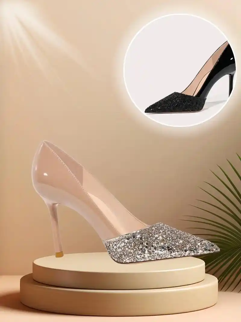 裸色亮片细跟尖头漆皮高跟鞋,优雅知性气质