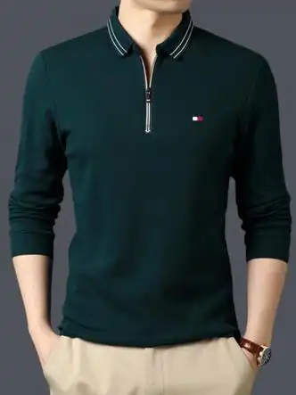 tommyjeans美国汤米长袖男中年高端品牌polo衫男装纯棉宽松大码邮电绿