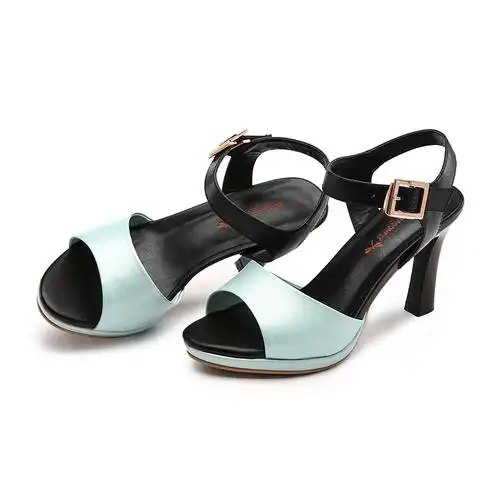 红蜻蜓夏季正品欧美潮流时尚优雅高跟一字扣马蹄跟露趾女凉鞋