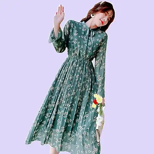 皱褶连衣裙遮肚子大码女2021新款洋气赫本风气质长袖宽松显瘦长裙