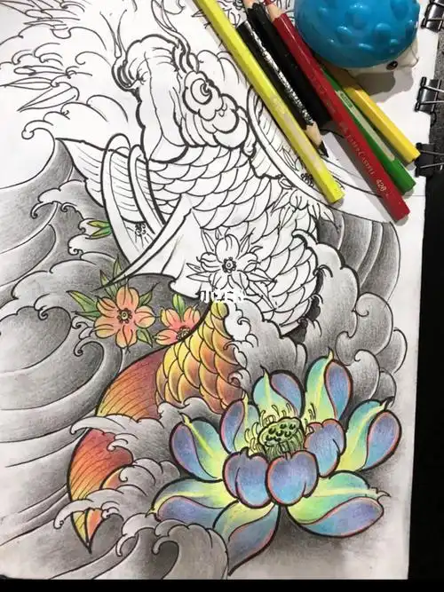 鲤鱼纹身手稿彩铅上色勿喷