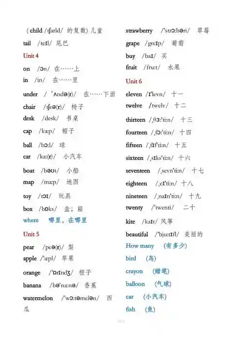 人教版英语三年级下册单元词汇表