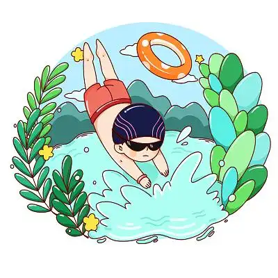 png素材卡通手绘夏季题材泳池游泳圈原创插画素材卡通旅游旅行箱素材