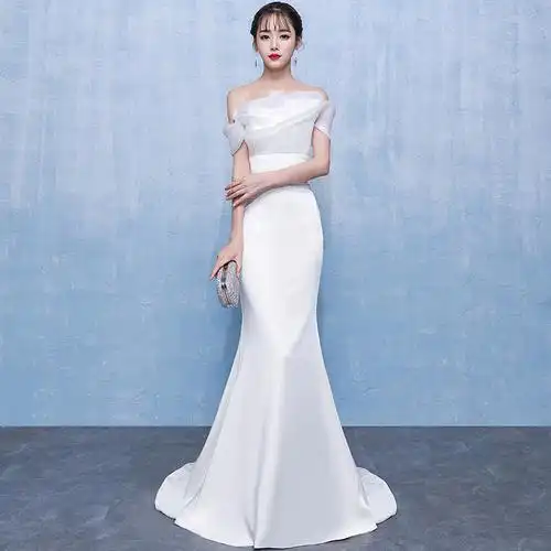 宴会晚礼服女2021秋冬季新款性感鱼尾裙立领白色香肩成人年会礼服