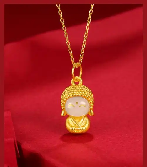 老凤凰萌佛 999足金金镶玉吊坠开心玉面金佛和田玉项链女款3d硬金金