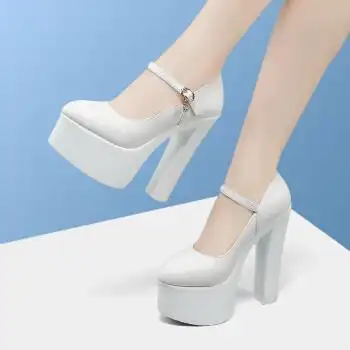 罗蒙15粗跟防水台高跟鞋模特走秀鞋真皮职场时尚女鞋 超纤皮白色15cm