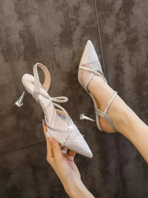 真软皮2023年超仙女士网纱高跟尖头百搭女凉鞋新款高档百搭高跟鞋