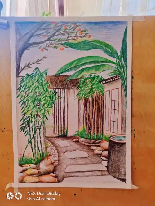 禅院一角原创彩铅风景带步骤图