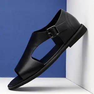 男士凉鞋2021新款真皮鱼嘴沙滩鞋夏发型师凉皮鞋男个性镂空洞洞鞋