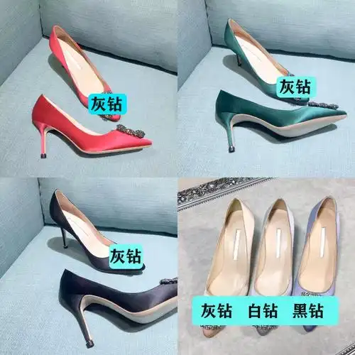 欧美经典mb水钻尖头绸缎气质细跟高跟单鞋女方扣平底宴会伴娘婚鞋