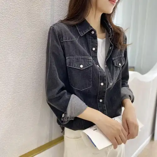 2021年新品 韩版修身纯色牛仔衬衫女复古休闲长袖衬衣叠穿外套