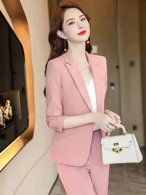 粉色小西装外套女春秋2021年新款时尚播音艺考主持人西服套装正装
