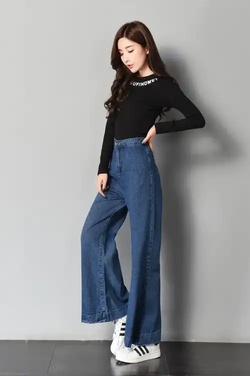 1208a#实拍2017年秋季新款双扣 高腰喇叭裤长裤阔脚裤女牛仔裤子