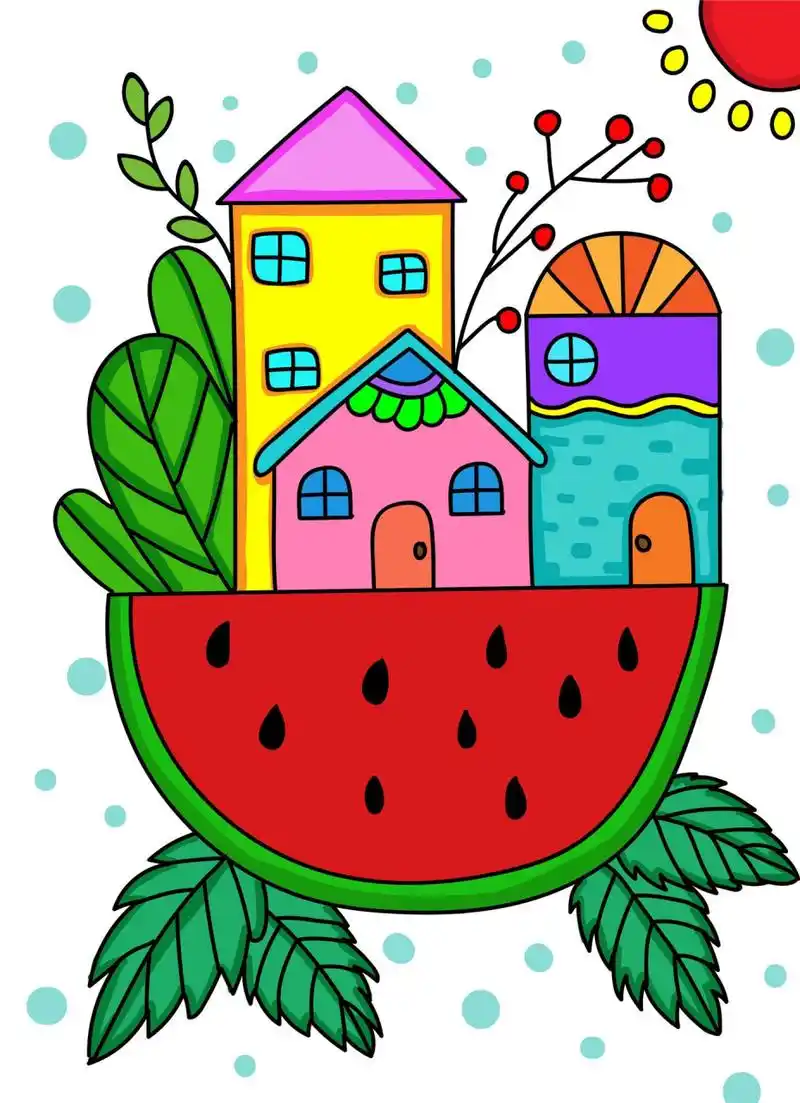 马克笔绘画96儿童画 西瓜房子主题画
