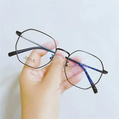 超轻纯钛多边形眼镜框女圆脸光学镜架男不规则眼睛大框配近视银色