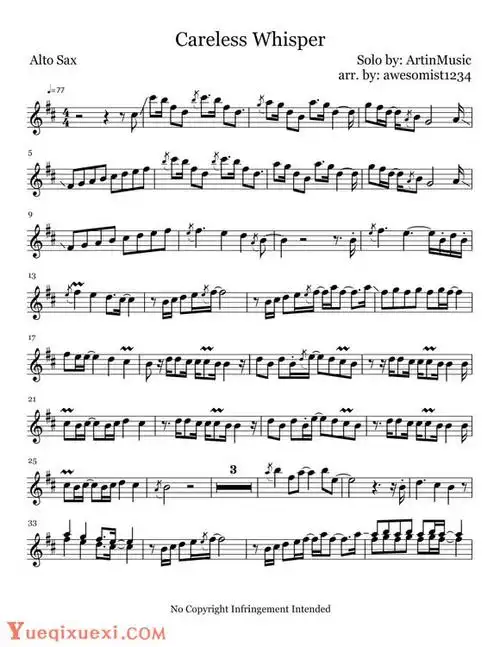 萨克斯谱carelesswhisper附bb调的谱子