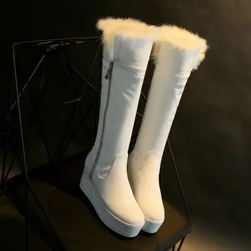 雪地靴内增高2015冬季真皮高跟厚底女靴长靴防水台白色兔毛高筒靴