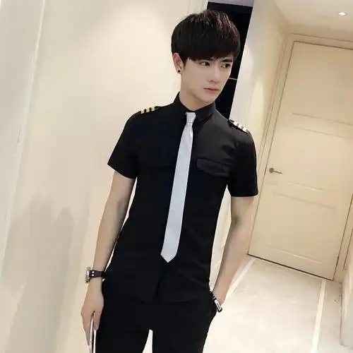 鑫牧狼发型师男士修身空少制服男模演出ktv少爷工作服短袖衬衫h8黑色