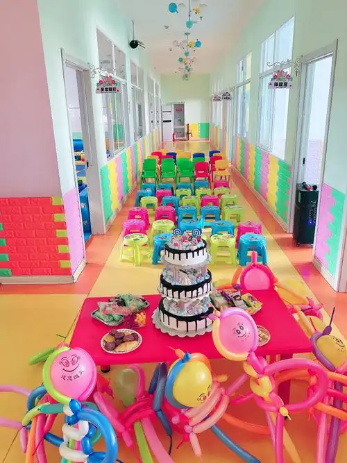 生日庆典现场已经为小朋友们布置完毕,期待着金宝贝幼儿园的小可爱们