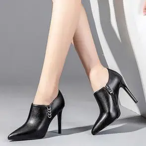 子女春秋黑色皮鞋2023新款单鞋百搭深口鞋秋季女鞋高跟鞋尖头细跟