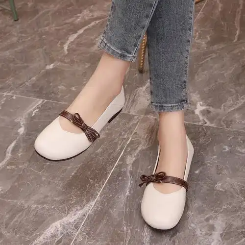 浅口真皮单鞋2022新款春夏一脚蹬奶奶鞋女平底软底春秋百搭豆豆鞋