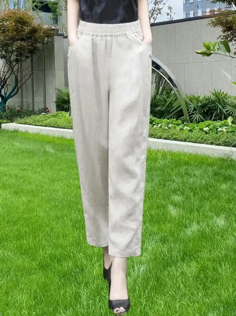 高端亚麻九分裤宽松显瘦麻色简约哈伦裤～简约百搭款!