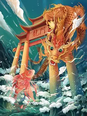 原创国潮风鲤鱼跃龙门插画海报