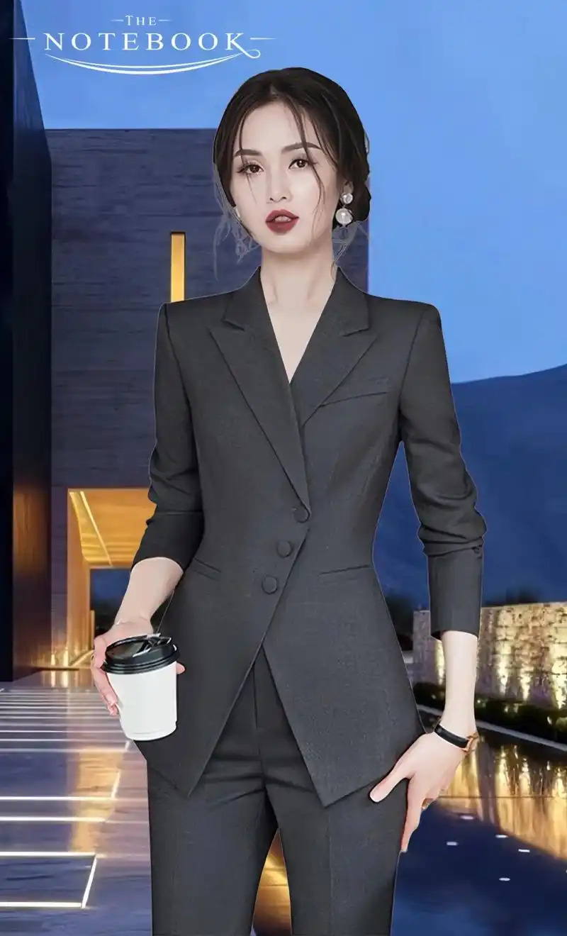 霸气的灰色西装套装～是女性兼顾着理念与性感时髦～简约时尚的翻领设