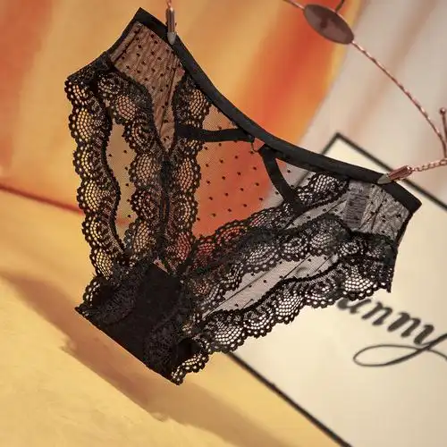 聚滴日系爱心性感女透明黑色蕾丝内裤无痕超薄火辣诱惑低腰三角裤爱心