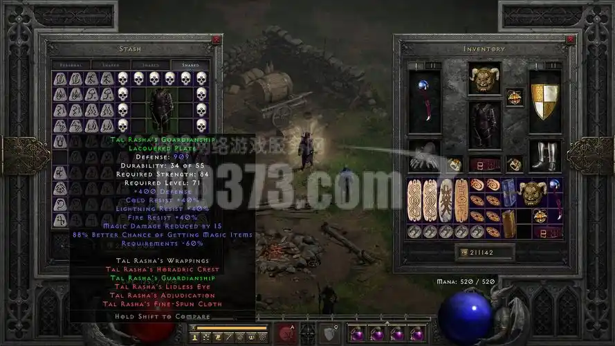 塔拉夏的全套套装5件:包含极品的222法杖,909防御的漆甲,12mf的腰带