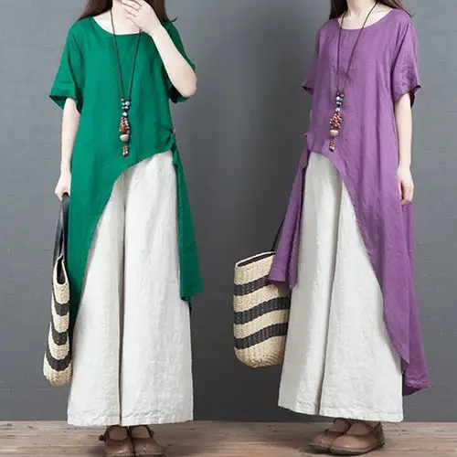 刺绣棉麻套装女夏季复古民族风宽松休闲显瘦遮肉亚麻两件套阔腿裤