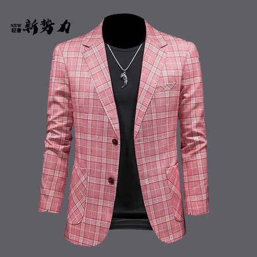 粉色格子西装男欧货潮牌大码商务休闲西服初秋新款大口袋婚礼西装