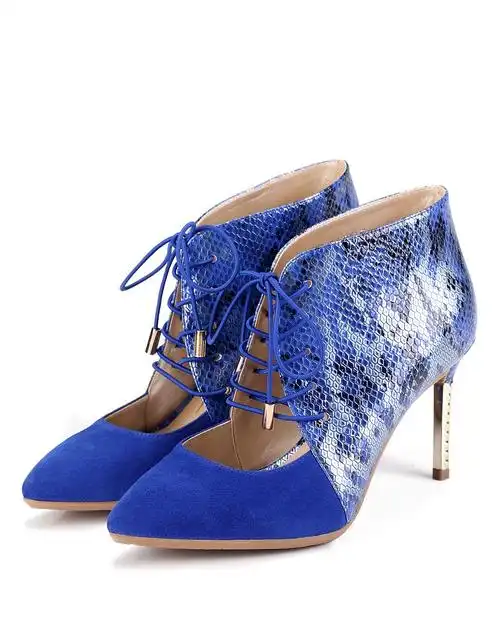 优雅蓝羊皮尖头高跟单鞋