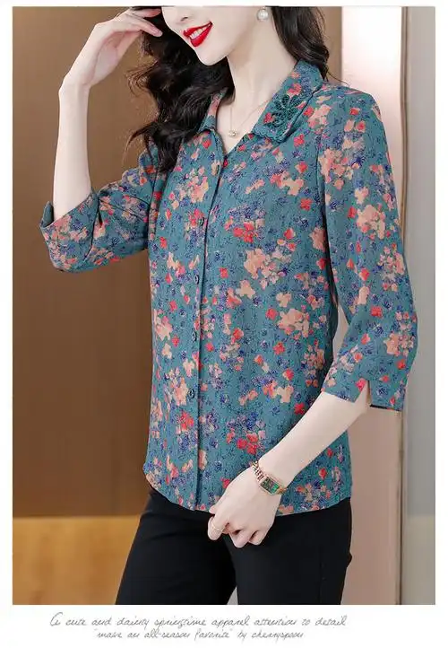 实拍现货中老年洋气妈妈装桑蚕丝上衣女七分袖2024高端绣花衬衣