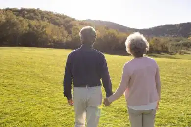 快乐的老年夫妇手牵手在草地上散步