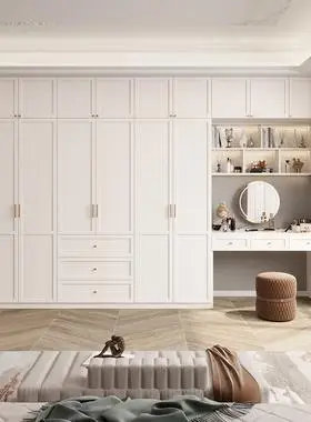 法式奶油风大衣柜化妆桌梳妆台一体组合简约家用卧室书桌轻奢定制