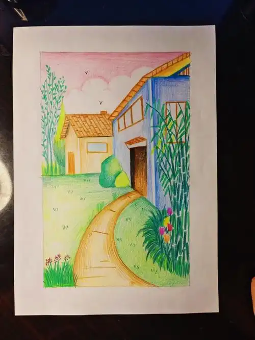 小庭院景彩铅风景附步骤图
